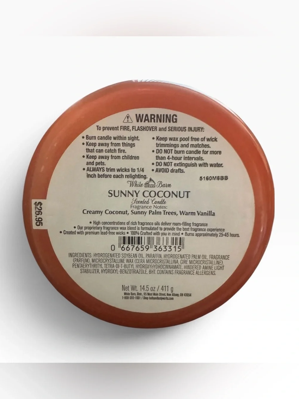 Bath & Body Works White Barn Sunny Coconut 3-Wick Candle White Barn
